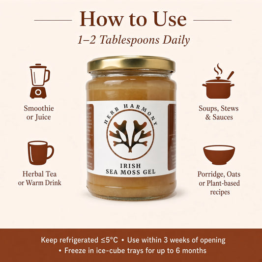 A jar of Herb Harmony Irish Sea Moss Gel centered on a beige background with brown text and icons explaining usage: 1-2 tablespoons daily, smoothie or juice, soups/stews/sauces, herbal tea or warm drink, porridge or oats/plant-based recipes, refrigeration, and shelf life.
